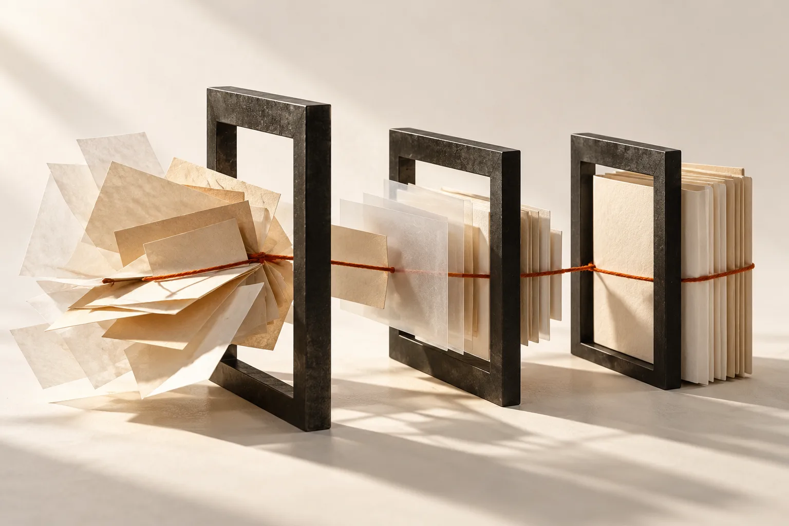 Paper documents passing through dark frames, connected by a rust-colored thread.